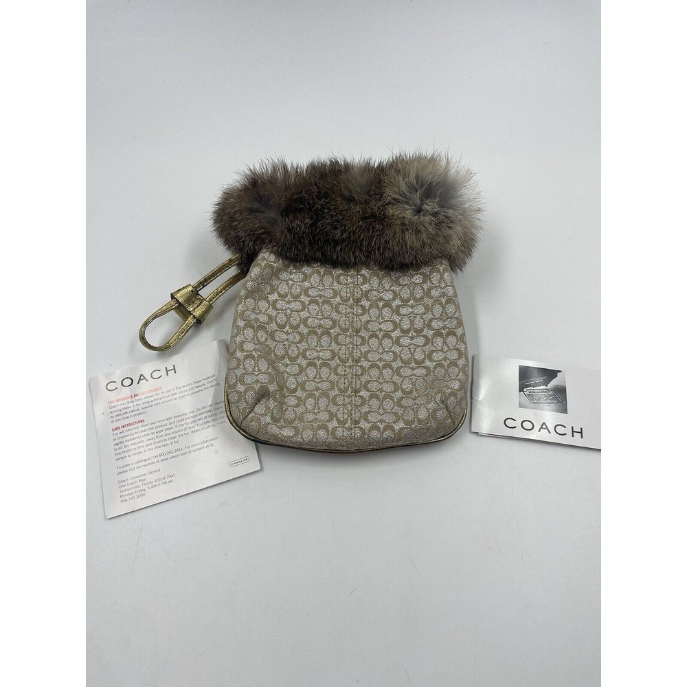COACH Pouch Wristlet with Fur Trim Bag Purse Drawstring Evening Gold